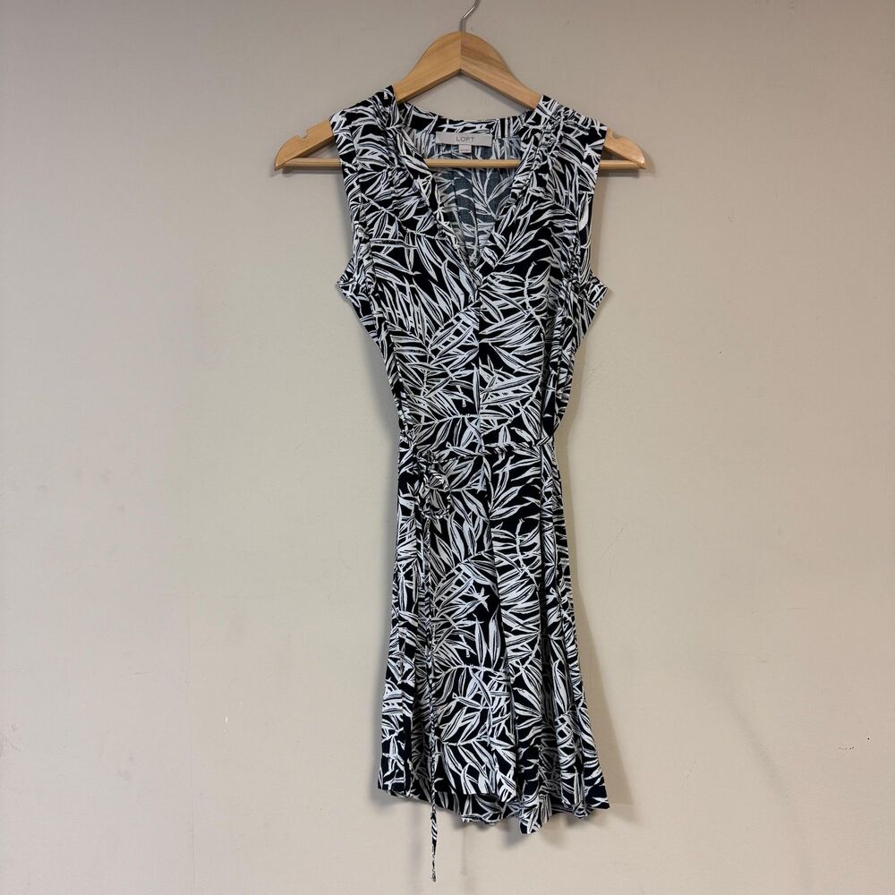 LOFT Ann Taylor Tropical Palm Dress Womens XS Print Black White Shift Office
